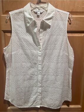Croft & Barrow White Eyelet Sleeveless Button-Down Shirt Top Cotton Summer Lg